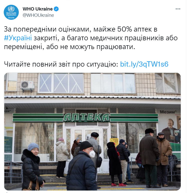 ВООЗ повдіомляє про проблеми з роботою аптек в Україні